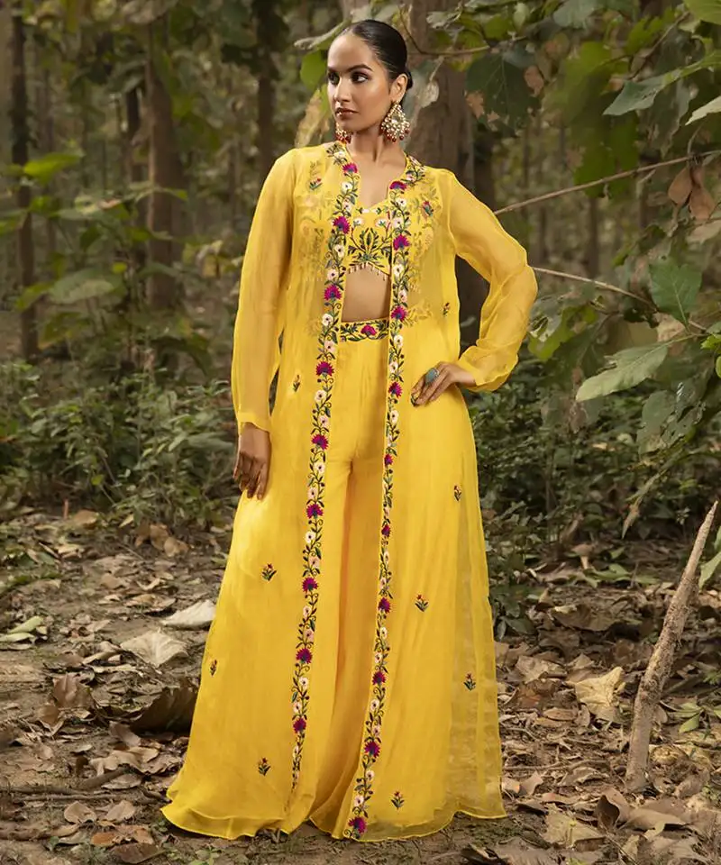 Yellow chanderi silk embroidered sharara set