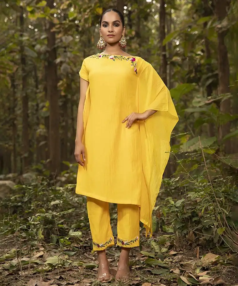 Yellow chanderi silk plain kaftan with pant