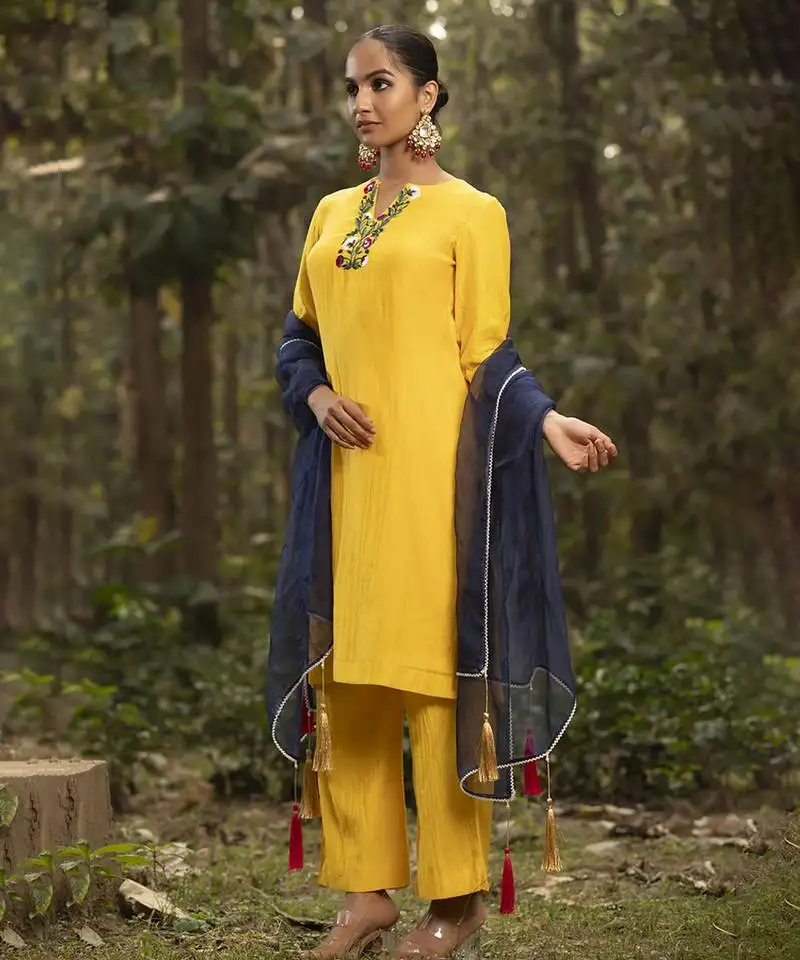 Yellow chanderi silk plain kurta set