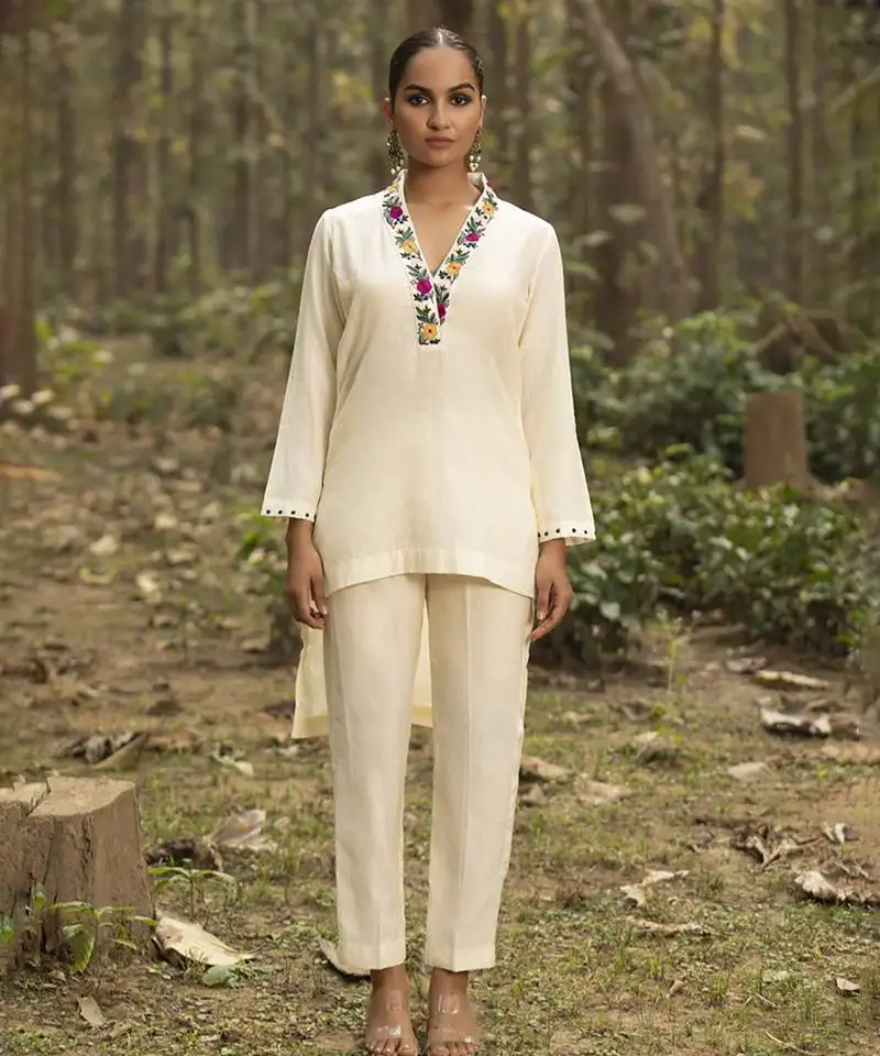 Ivory chanderi silk plain cord-set