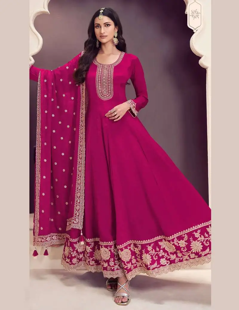 Pink embroidered chinon semi-anarkali suit semi stitched