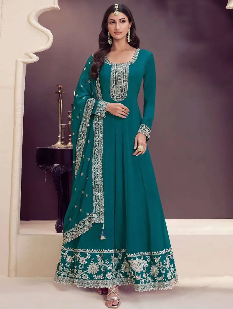 Sky embroidered chinon semi-anarkali suit semi stitched