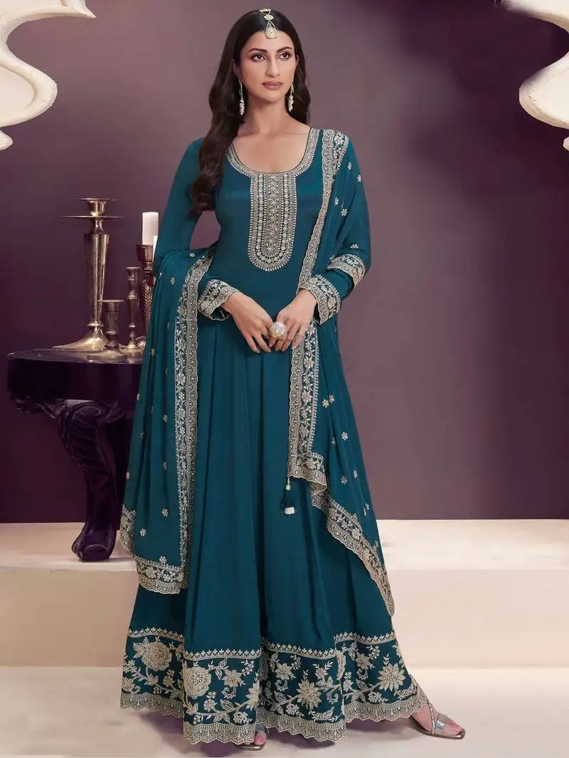 Aqua blue embroidered chinon semi-anarkali suit semi stitched