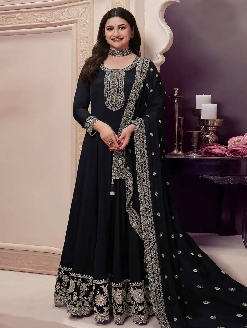 Black embroidered chinon semi-anarkali suit semi stitched