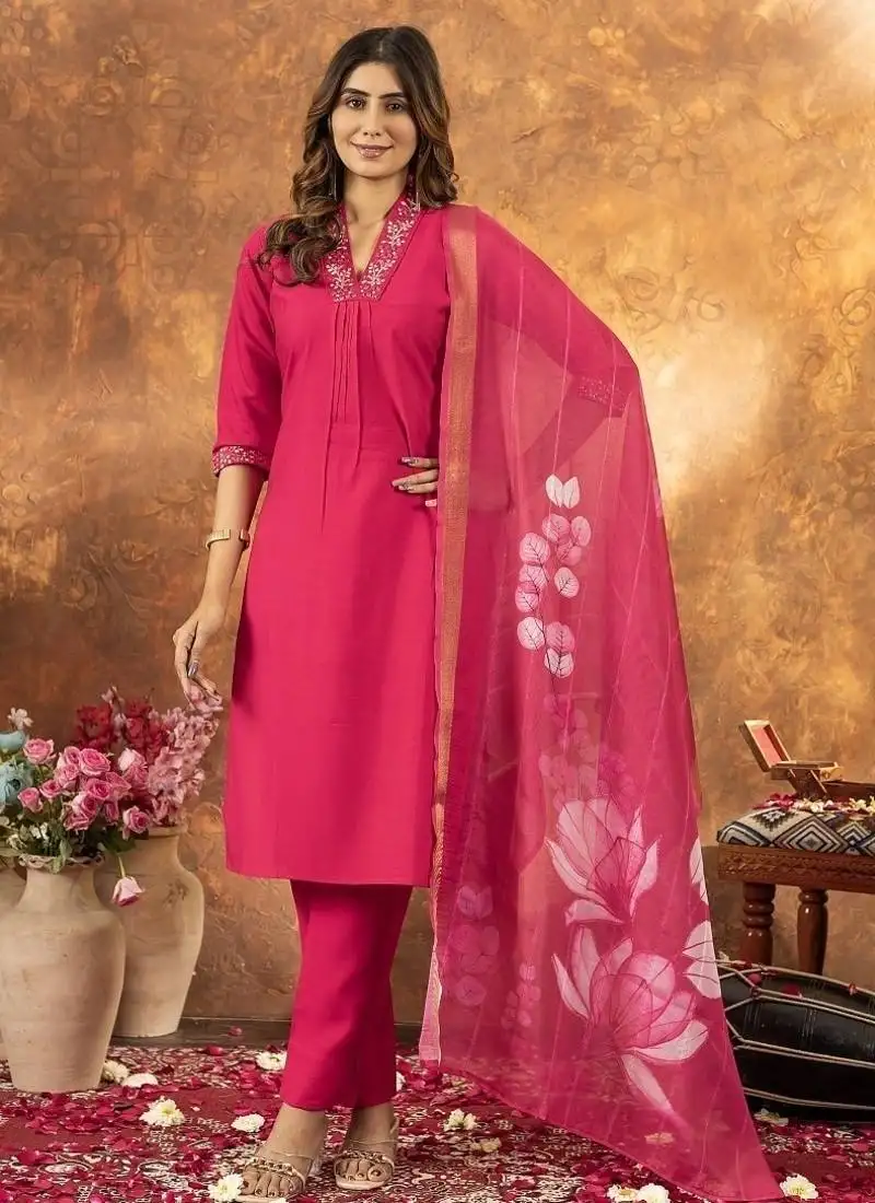 Pink colour with embroidered work roman silk kurta set for women