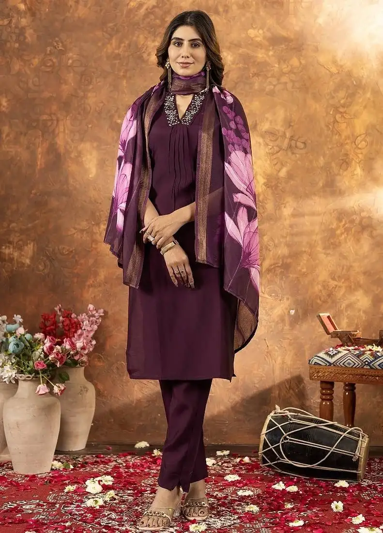 Wine colour with embroidered work roman silk kurta set for women