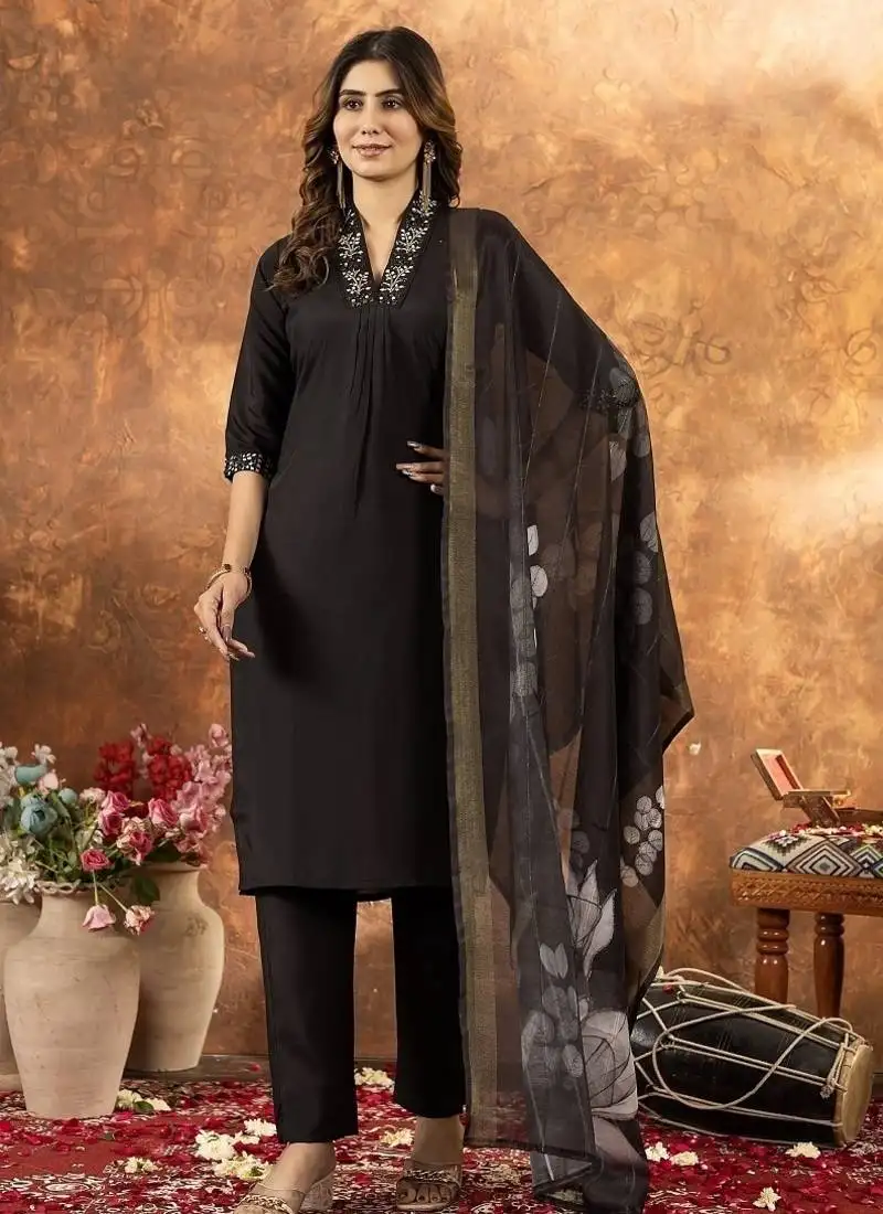 Black colour with embroidered work roman silk kurta set for women