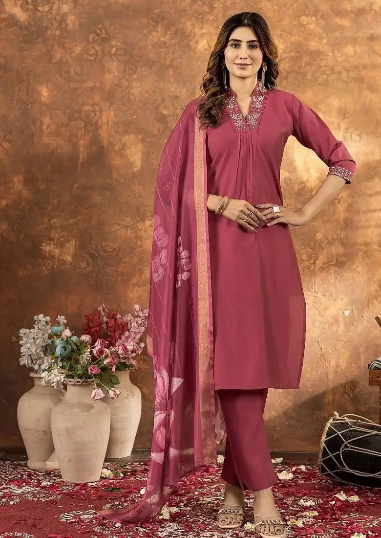 Gajri colour with embroidered work roman silk kurta set for women