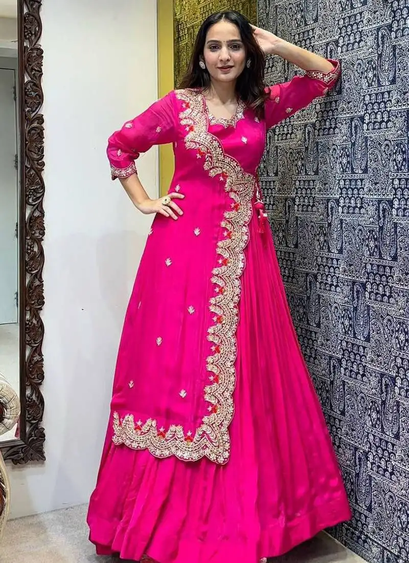 Pink georgette embroidered designer gown stitched