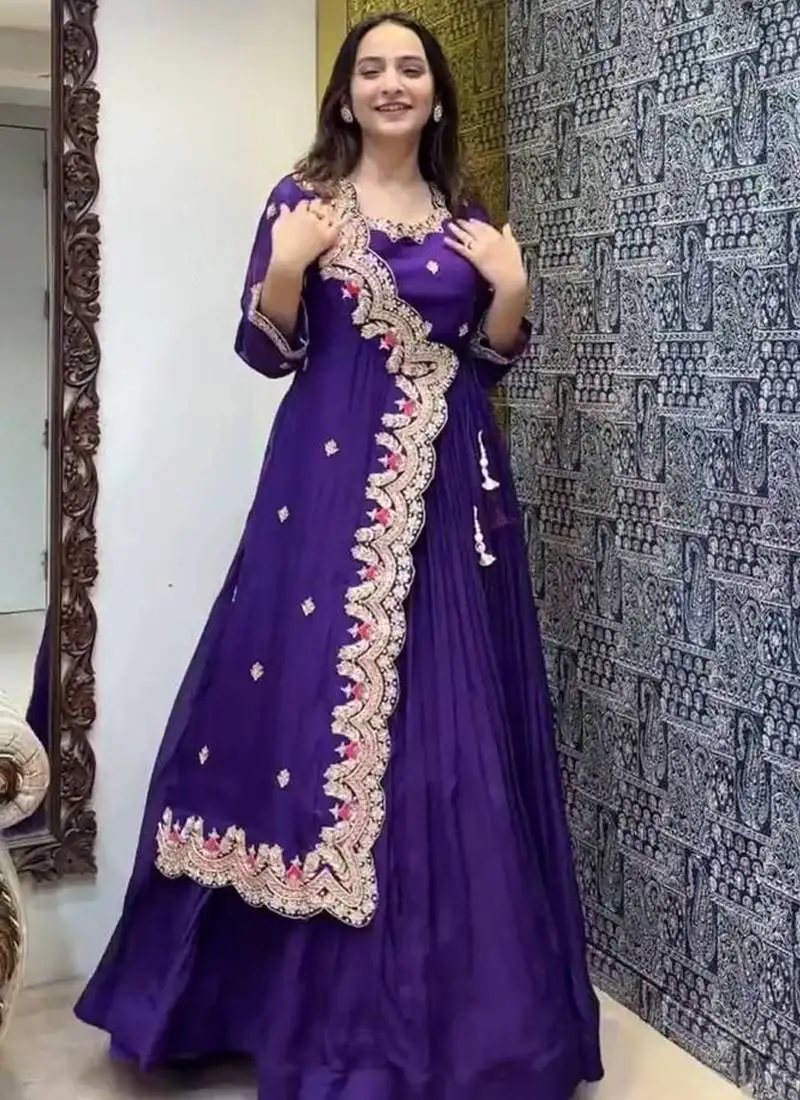 Violet georgette embroidered designer gown stitched