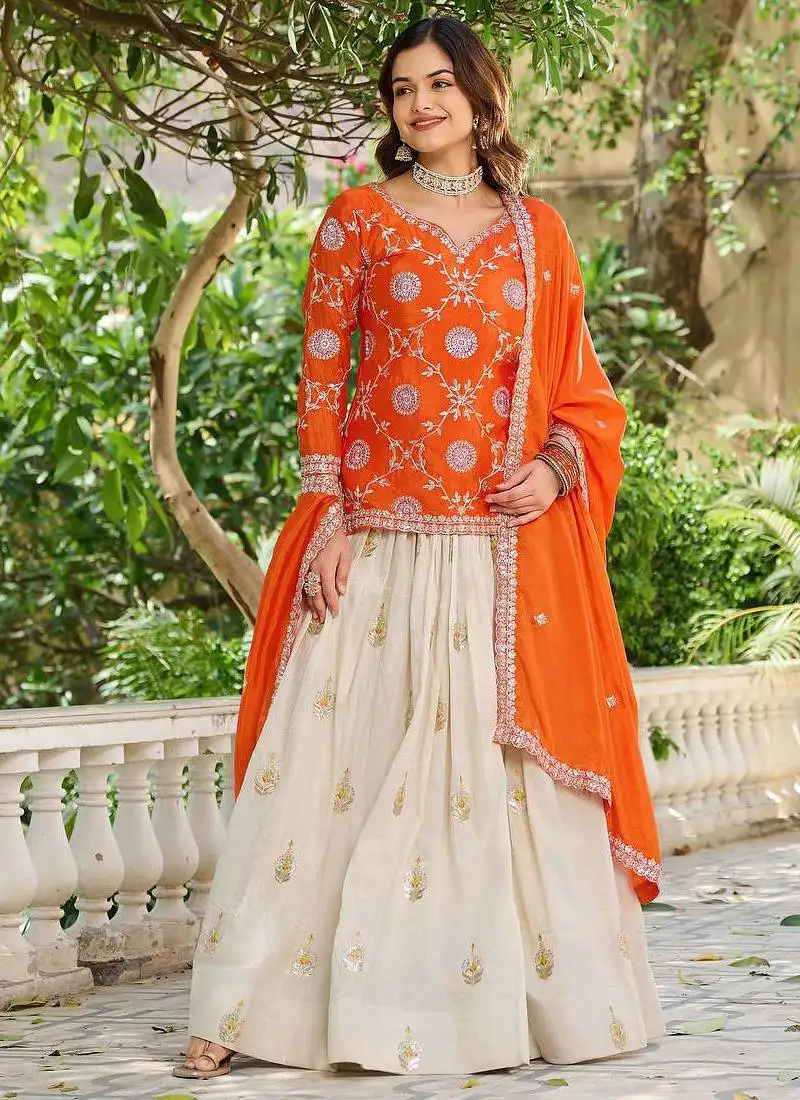 Orange chinon silk embroidered skirt style suit stitched