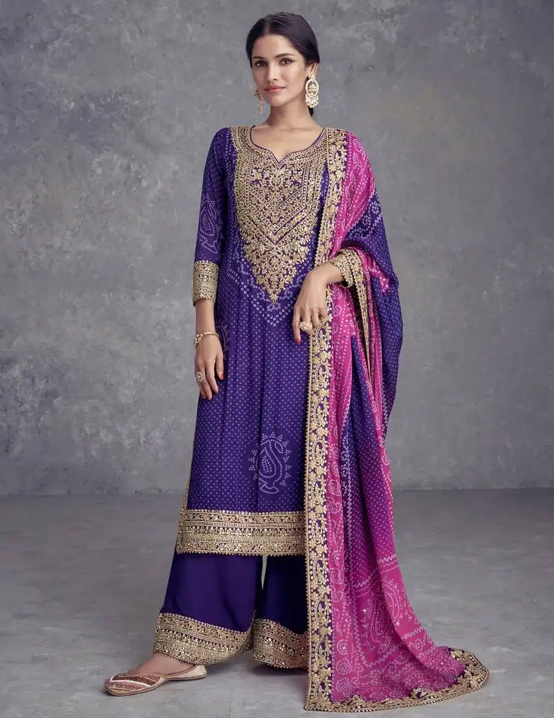 Purple embroidery mirror & digital print work chinnon straight palazzo suit - full stitched suit