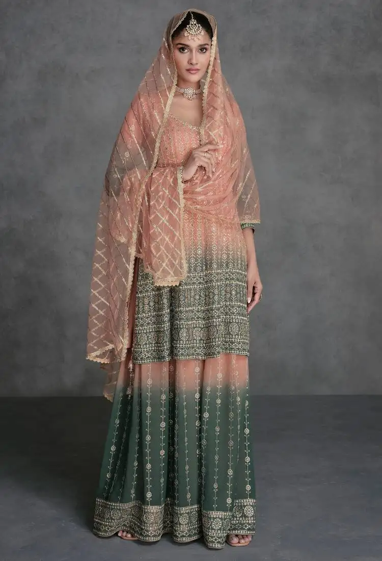 Peach & green embroidered & sequins work georgette anarkali palazzo suit - full stitched suit