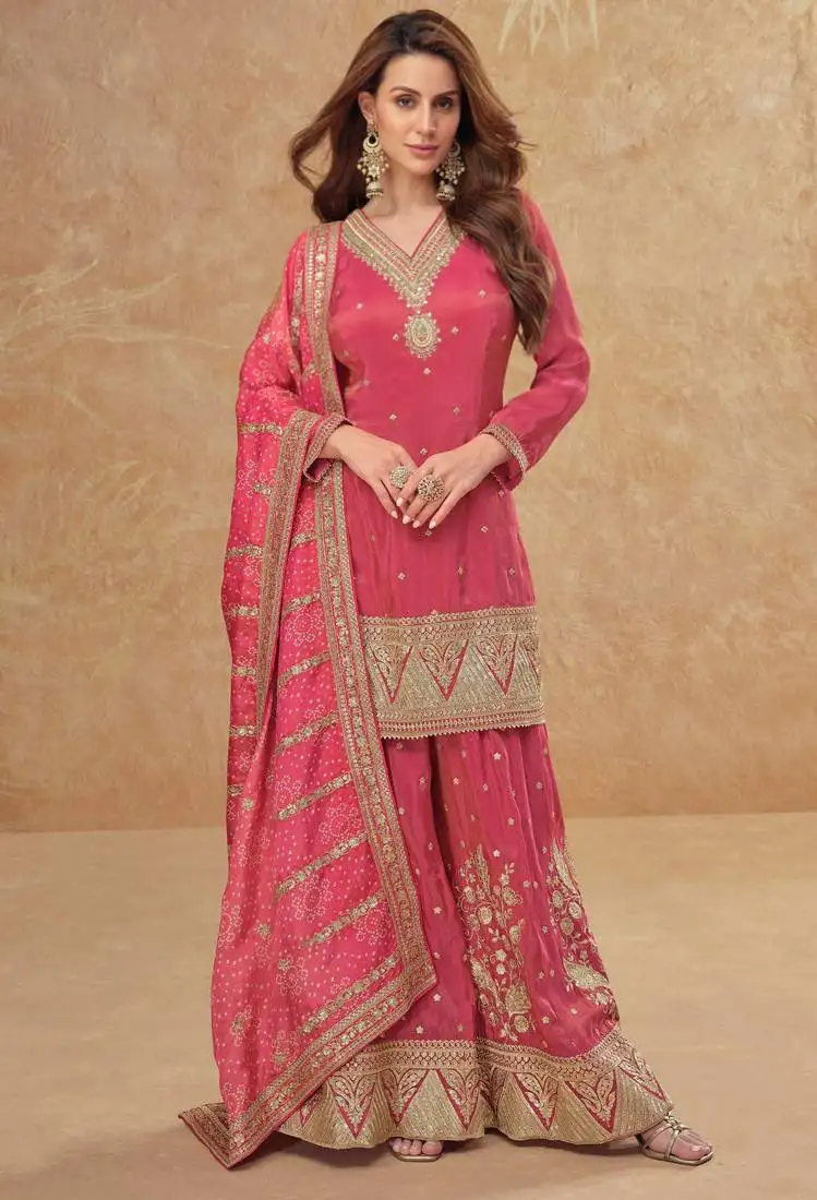 Pink embroidery & sequins work simar silk straight palazzo suit - full stitched suit