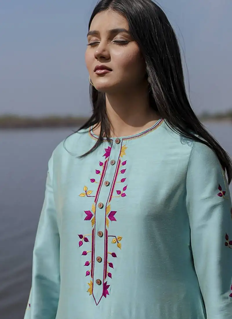 Aqua blue plain floral cotton kurta set with embroidered sleeves