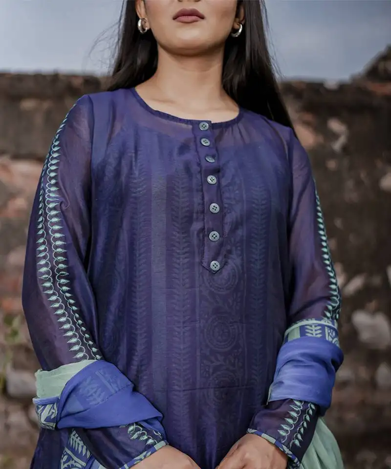 Navy blue plain cotton kurta set with inner