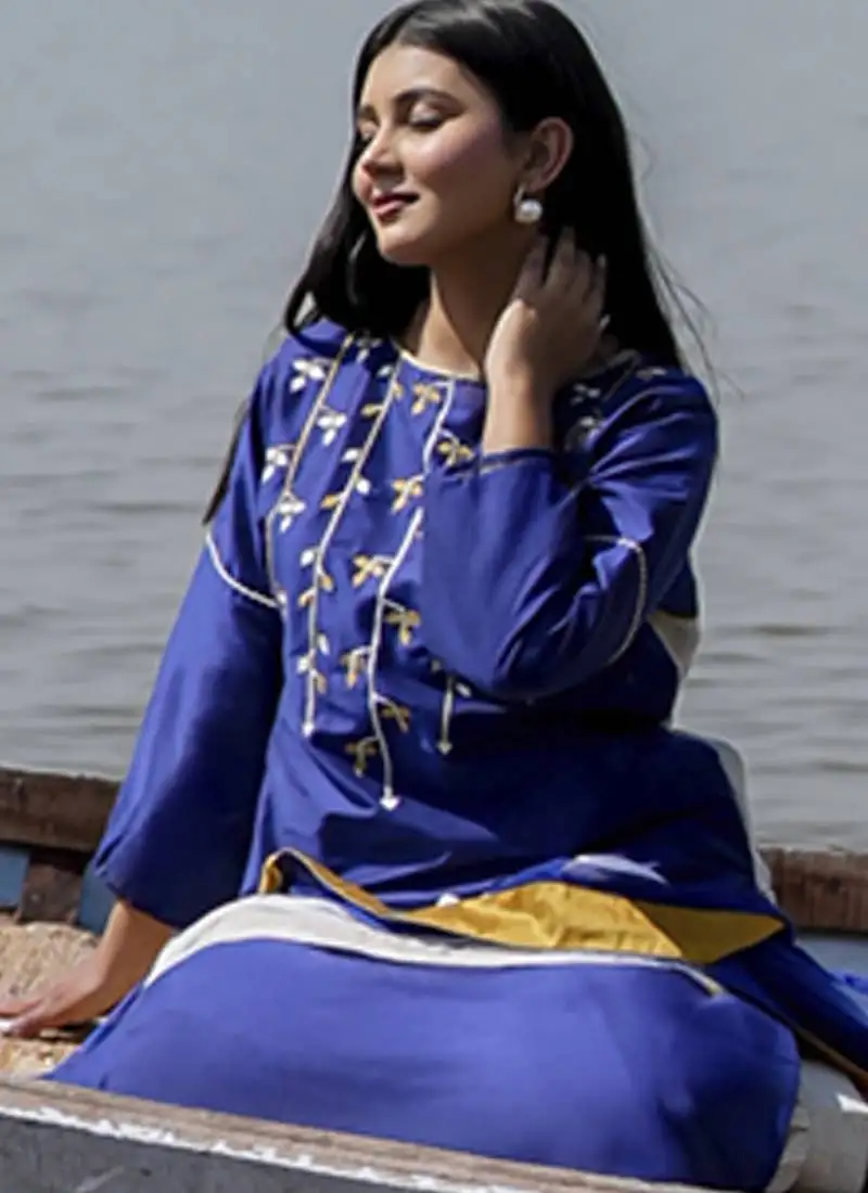 Navy blue plain cotton kurta set with embroidery