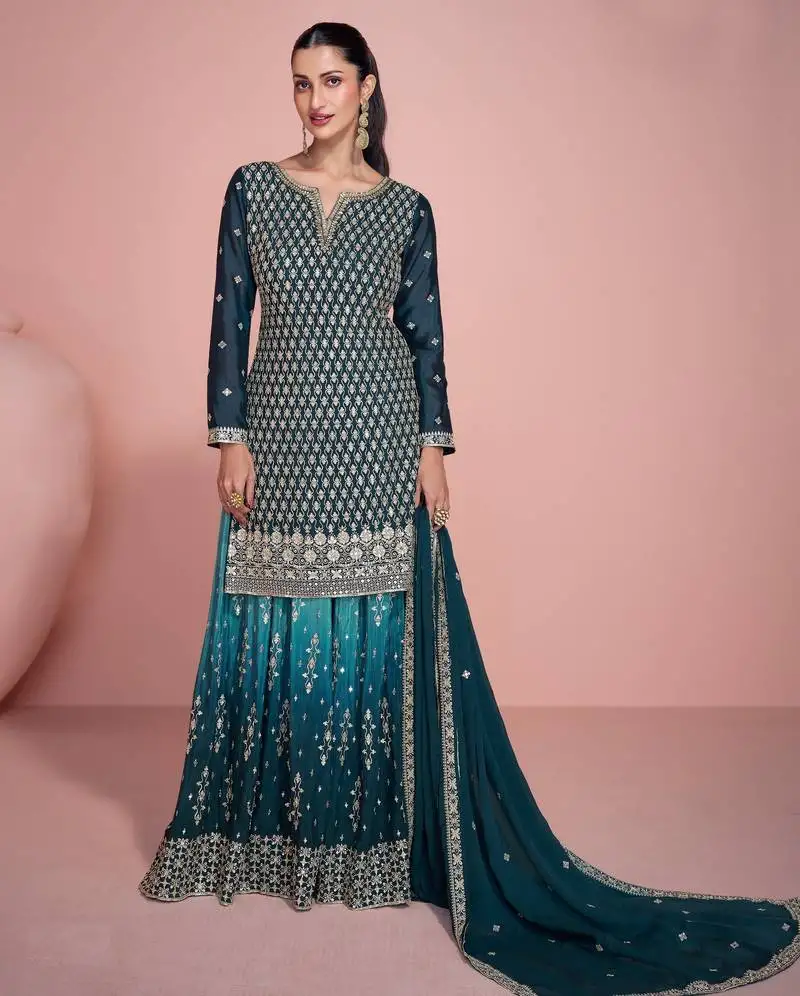 Teal embroidered palazzo suit semi stitched