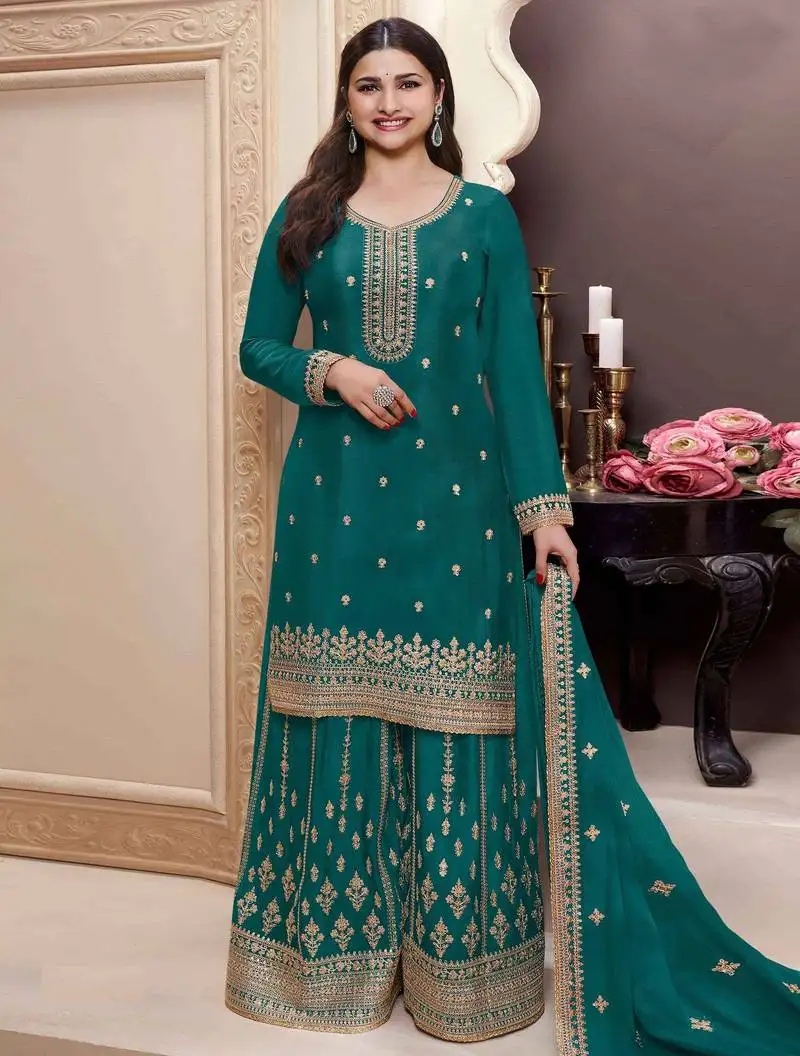 Aqua green color chinon fabric beautiful heavy wedding wear sharara dress semi stitched