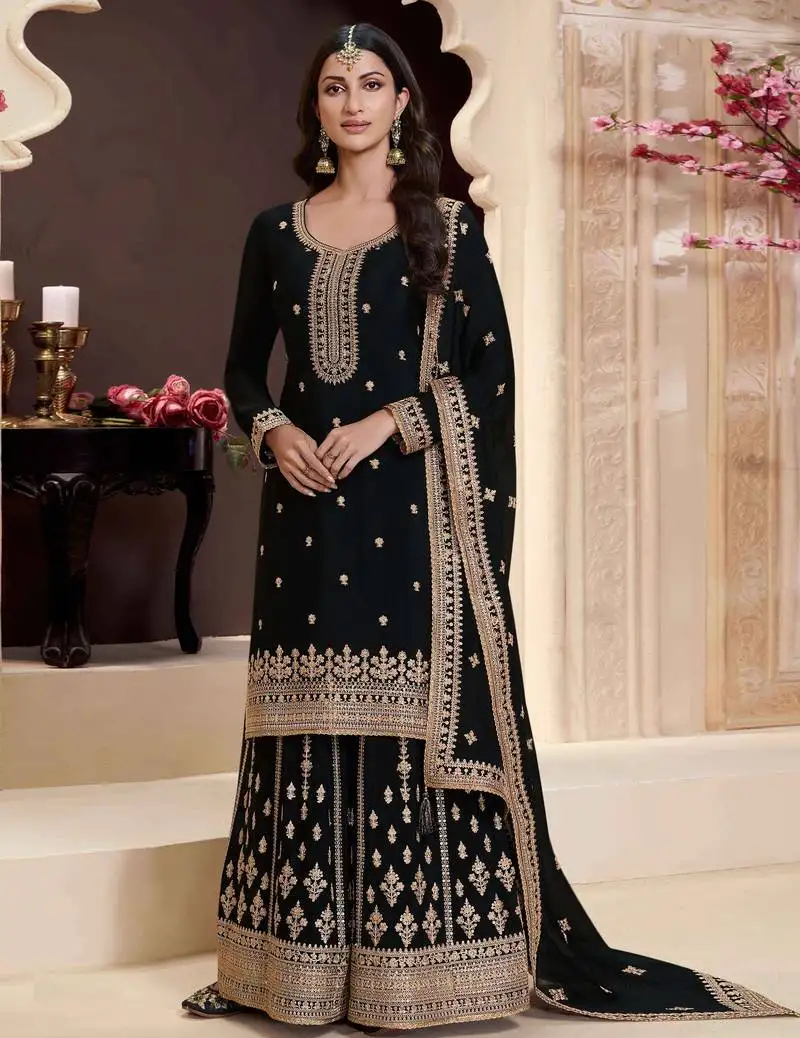 Black color chinon fabric beautiful heavy wedding wear sharara dress semi stitched