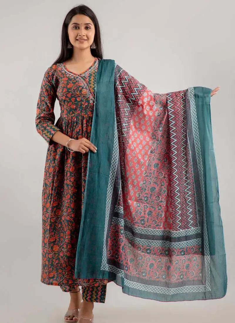 Multicolor women embroidered floral printed anarkali kurta pant with dupatta set