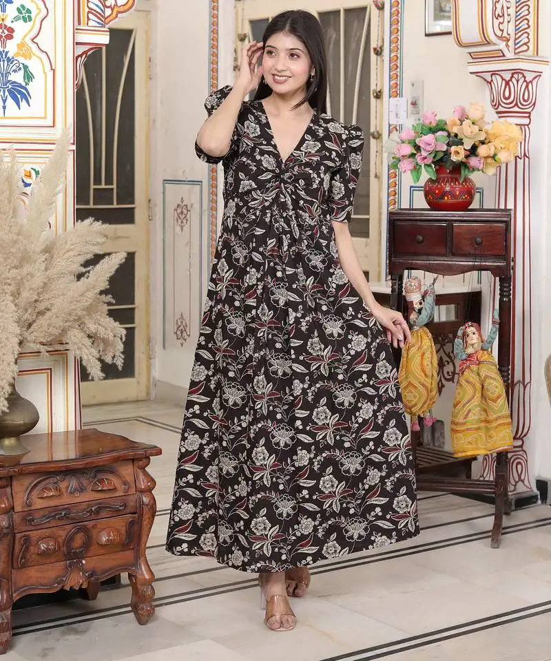 womens multicolored pleated puff sleeve floral cotton butterfly maxi dress
