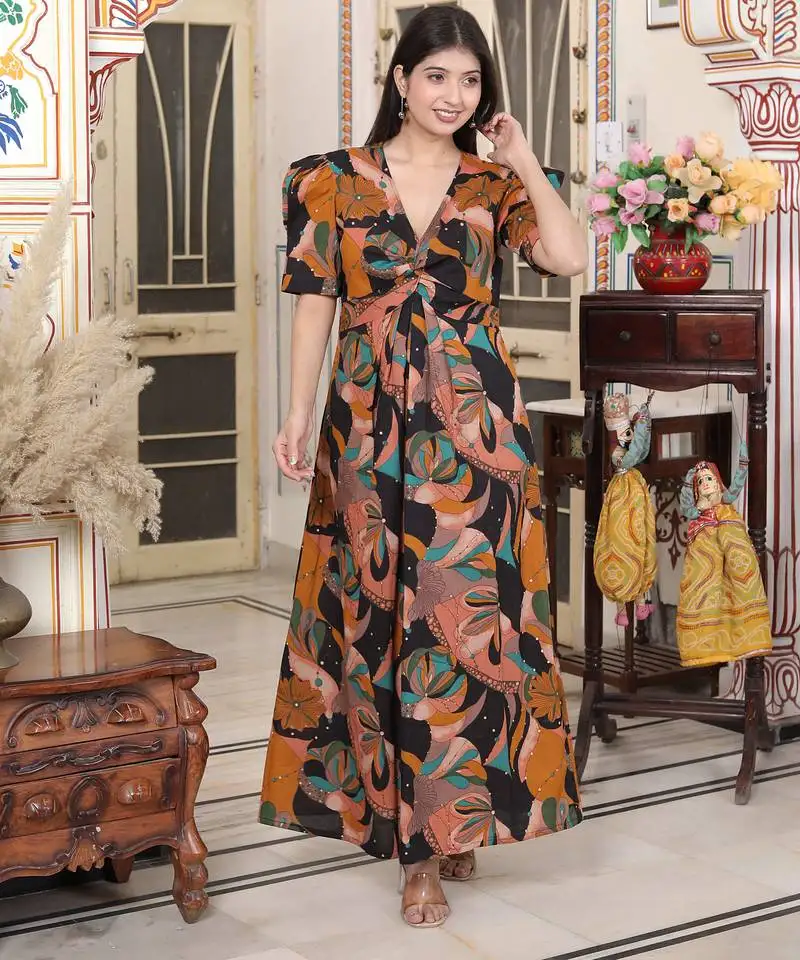 womens cotton black puff sleeve floral printed butterfly maxi dress
