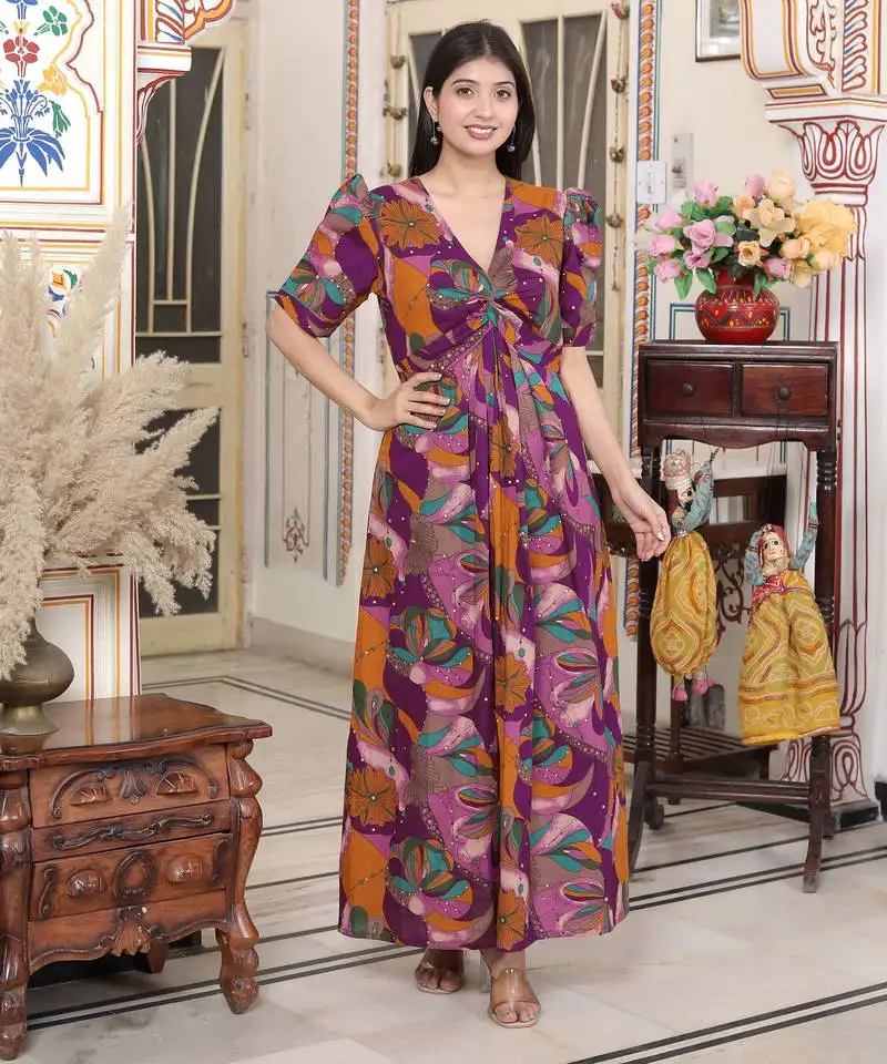 womens floral print puff sleeve cotton fit flare magenta butterfly maxi dress