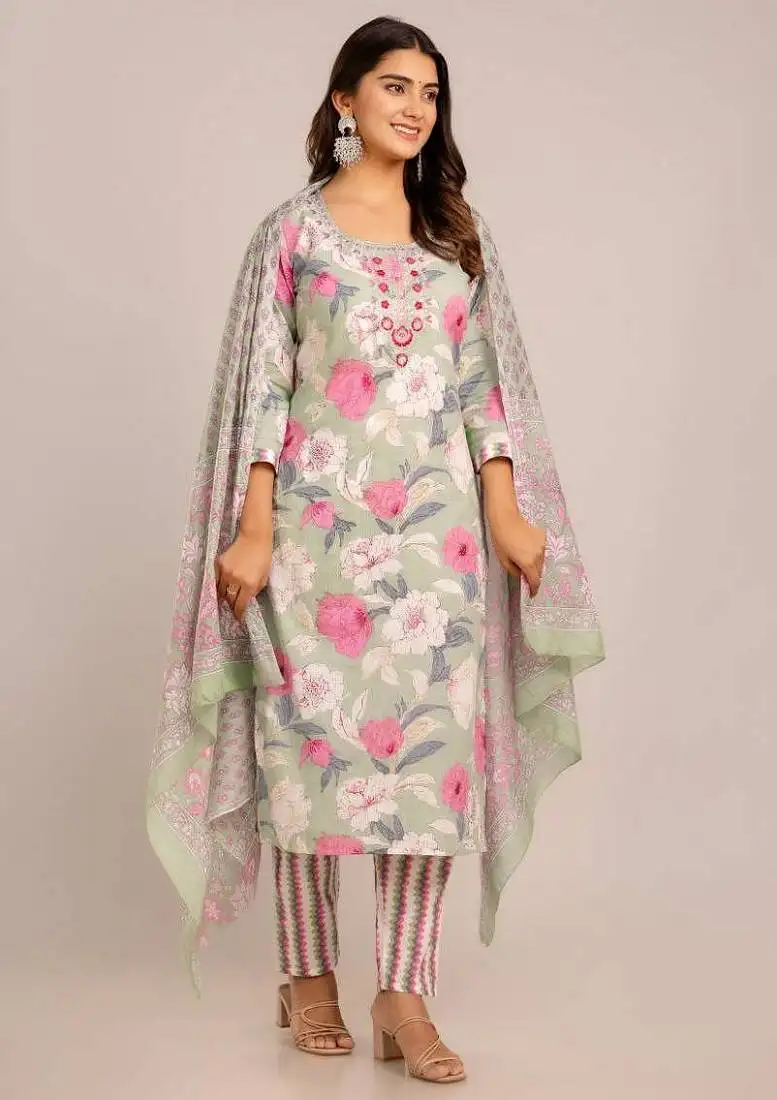 Multicolor women embroidered floral printed aline kurta pant with dupatta set
