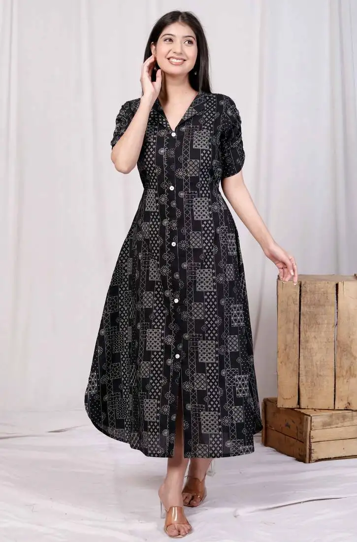 womens cotton black floral printed front button a-line midi dress