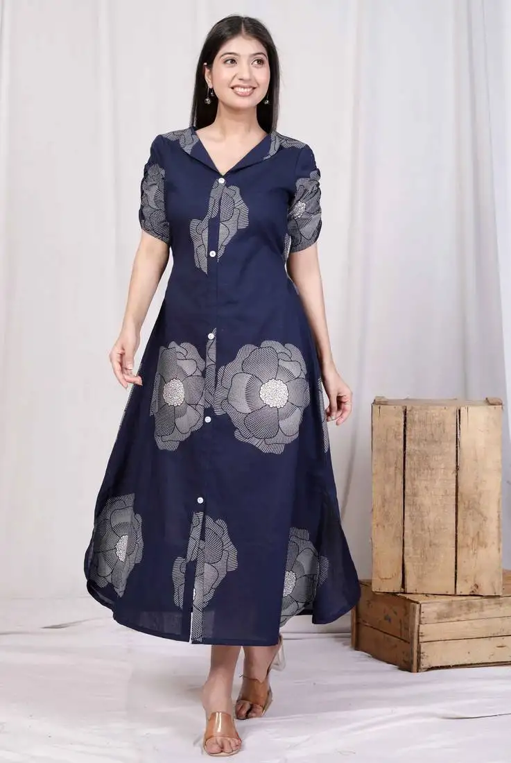 womens blue floral printed front buttoned a-line maxi dress
