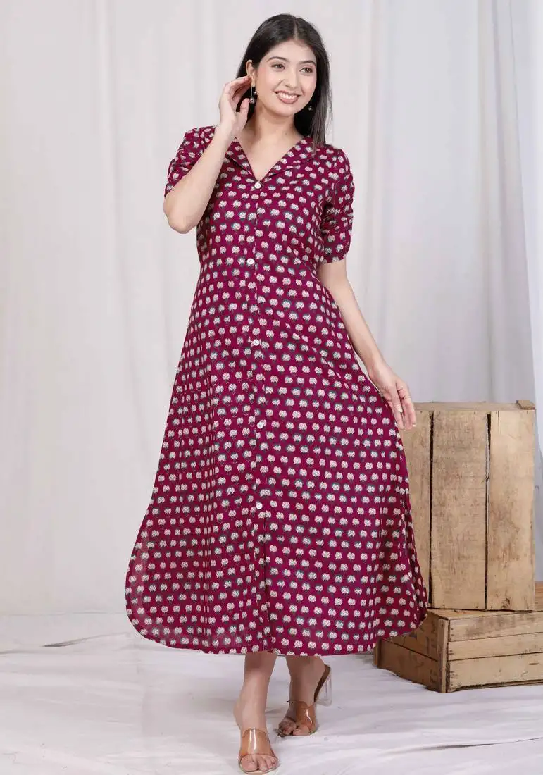 womens relaxed fit red floral printed a-line cotton midi dress