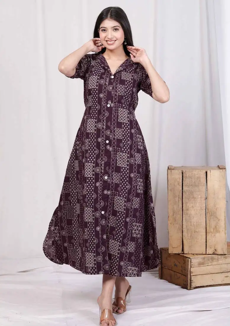womens wine collar neck floral printed a-line party wear maxi dress