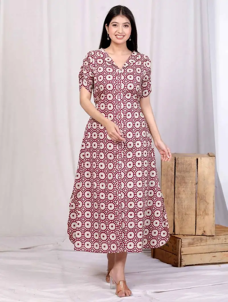Pink cotton floral printed a-line maxi dress with buttons