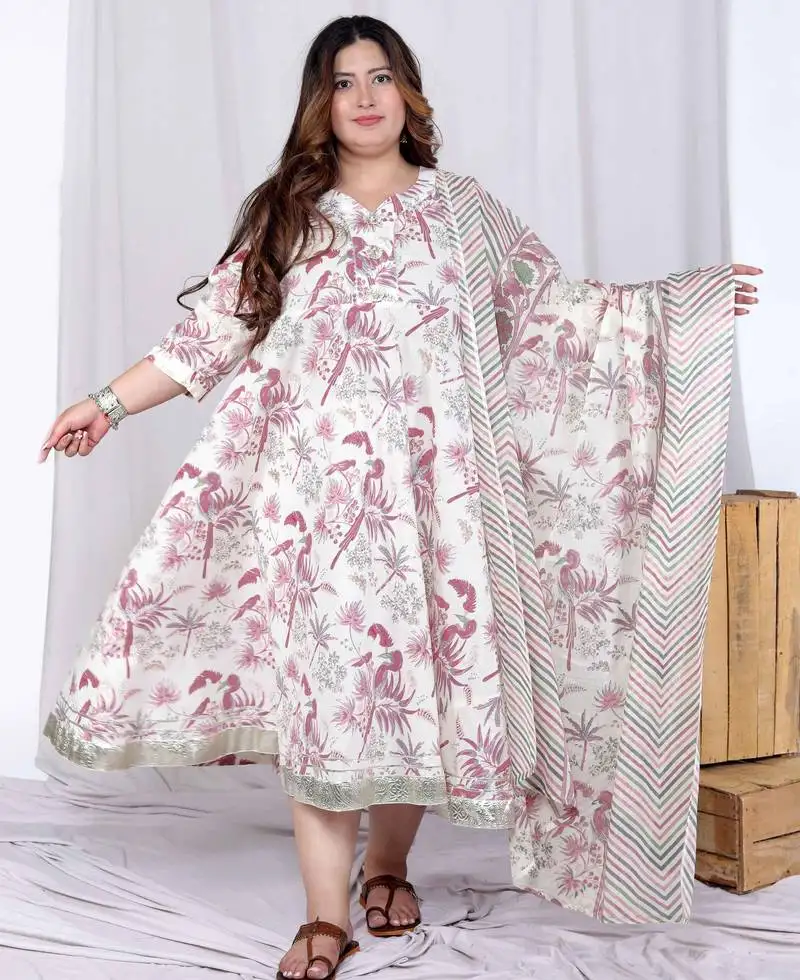 womens plus size light pink floral printed and anarkali kurta with dupatta