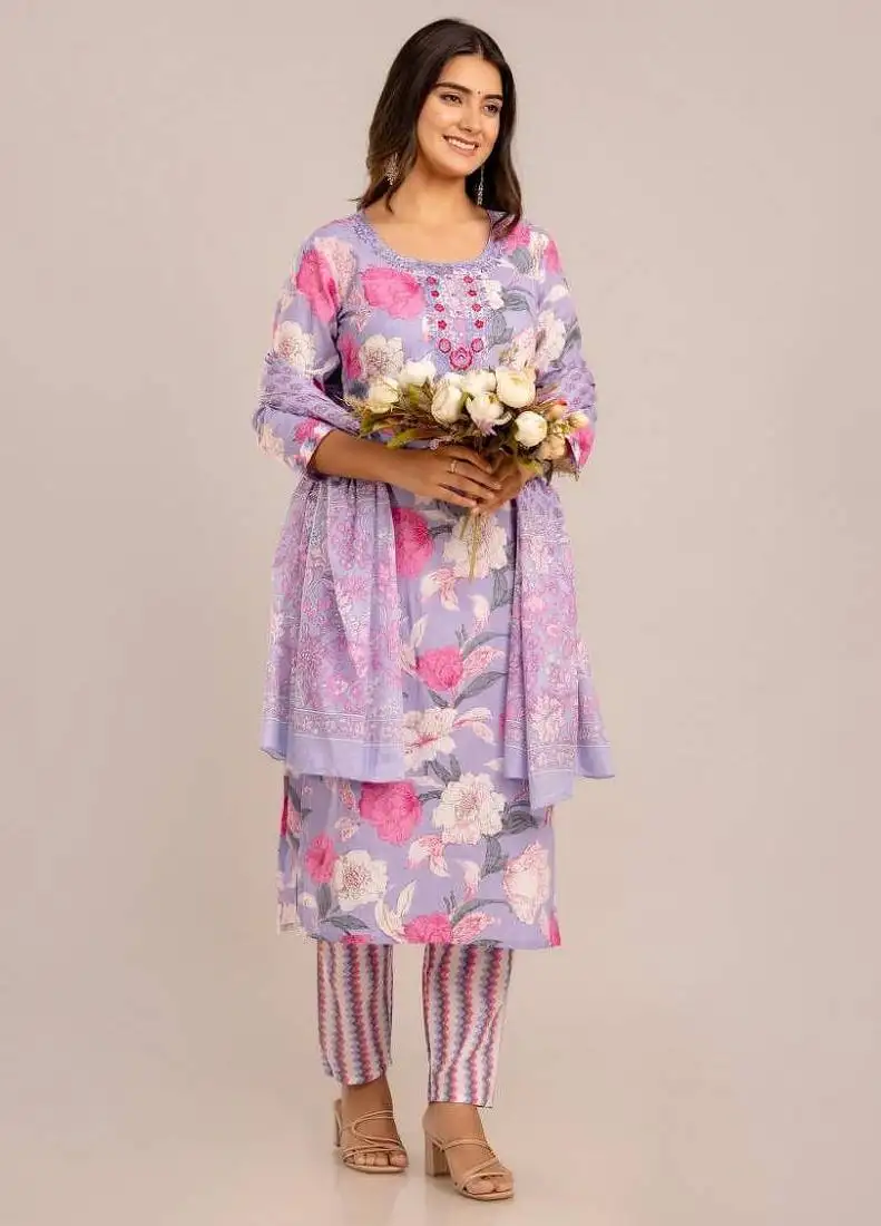 Lightblue women embroidered floral printed aline kurta pant with dupatta set