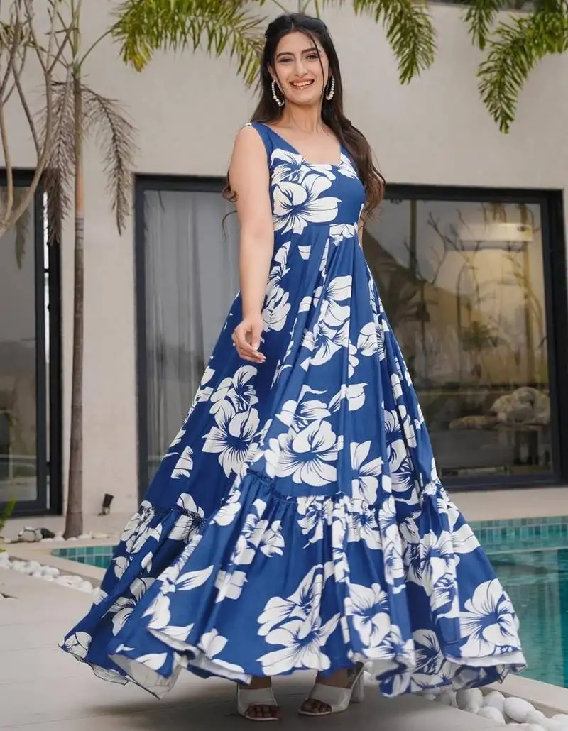 Blue color rayon fabric beautiful floral digital printed ceremonial gown