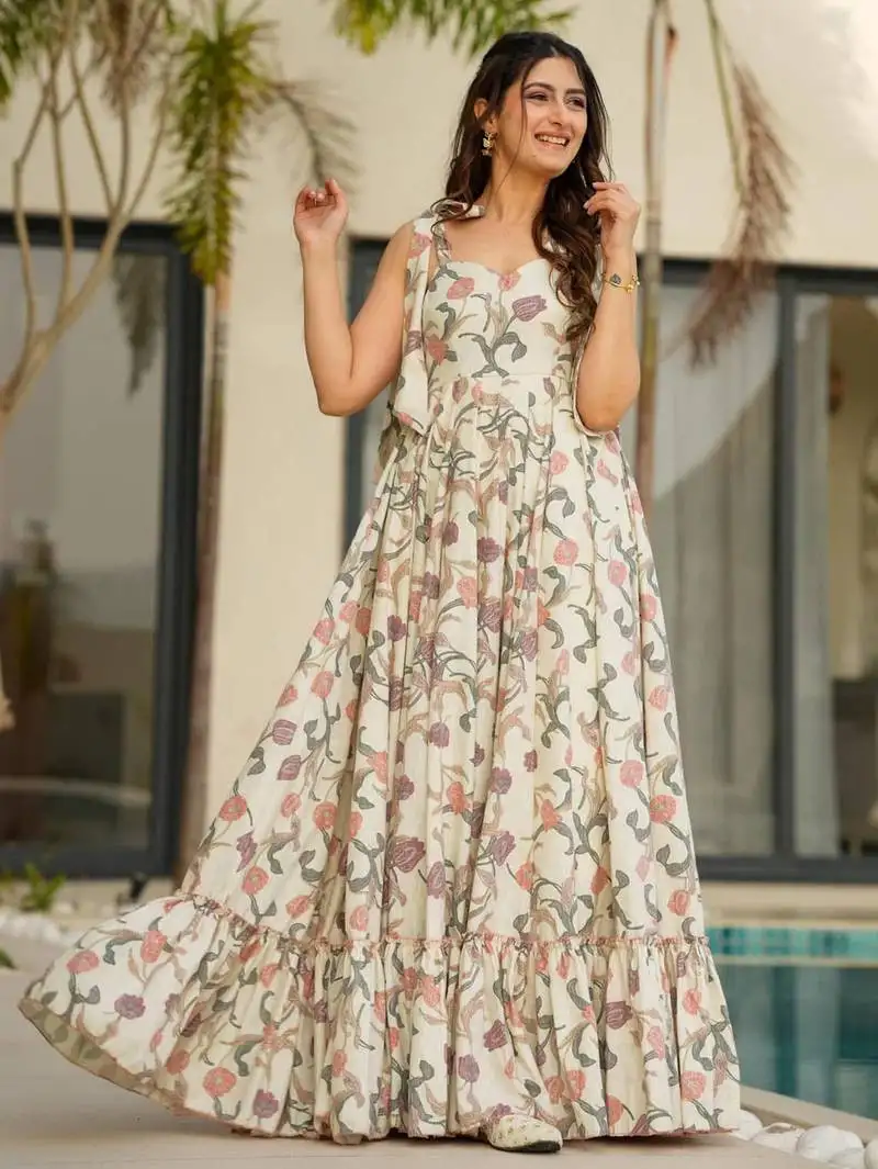 Cream color rayon fabric beautiful floral digital printed ceremonial gown