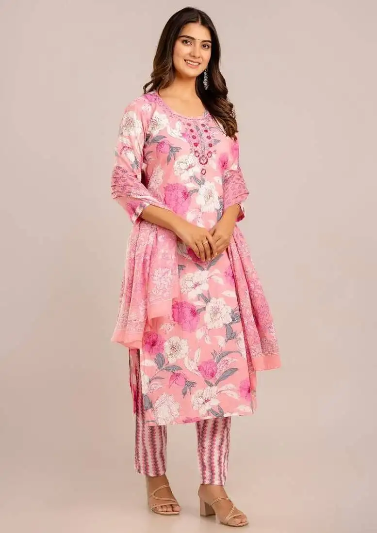 Lightpink women embroidered floral printed aline kurta pant with dupatta set