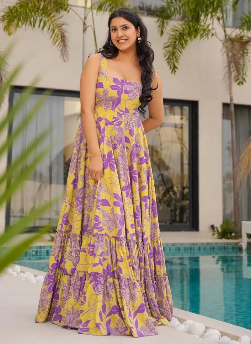 Yellow color rayon fabric beautiful floral digital printed ceremonial gown
