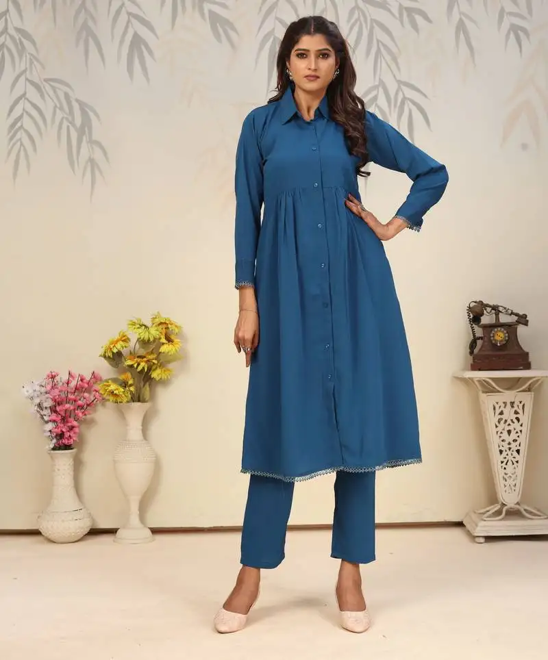 Teal blue color solid printed beautiful girlie formal kurta set