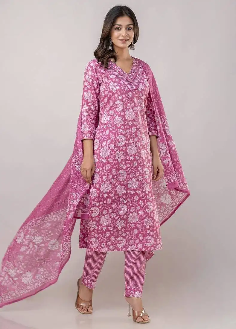 Pink women embroidered floral printed aline kurta pant with dupatta set