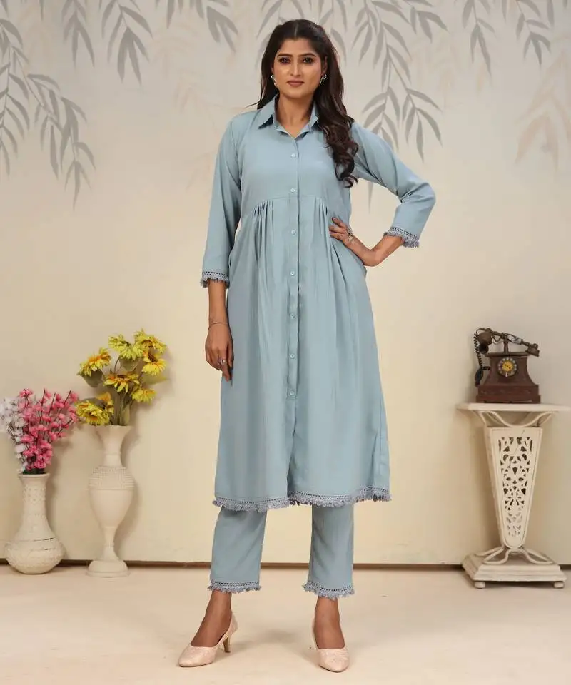 Sky blue color solid printed beautiful girlie formal kurta set