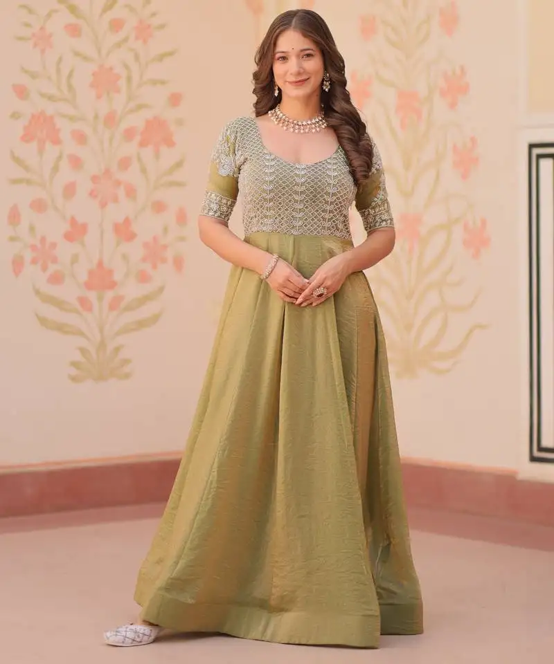 Girlie pista color fendy chiffon designer beads embroidery work partywear gown