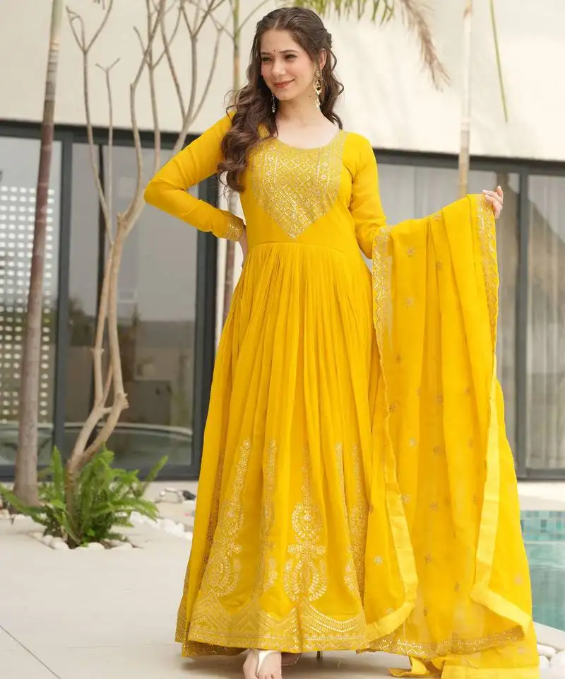 Yellow color faux georgette designer embroidered gown with dupatta for weddings