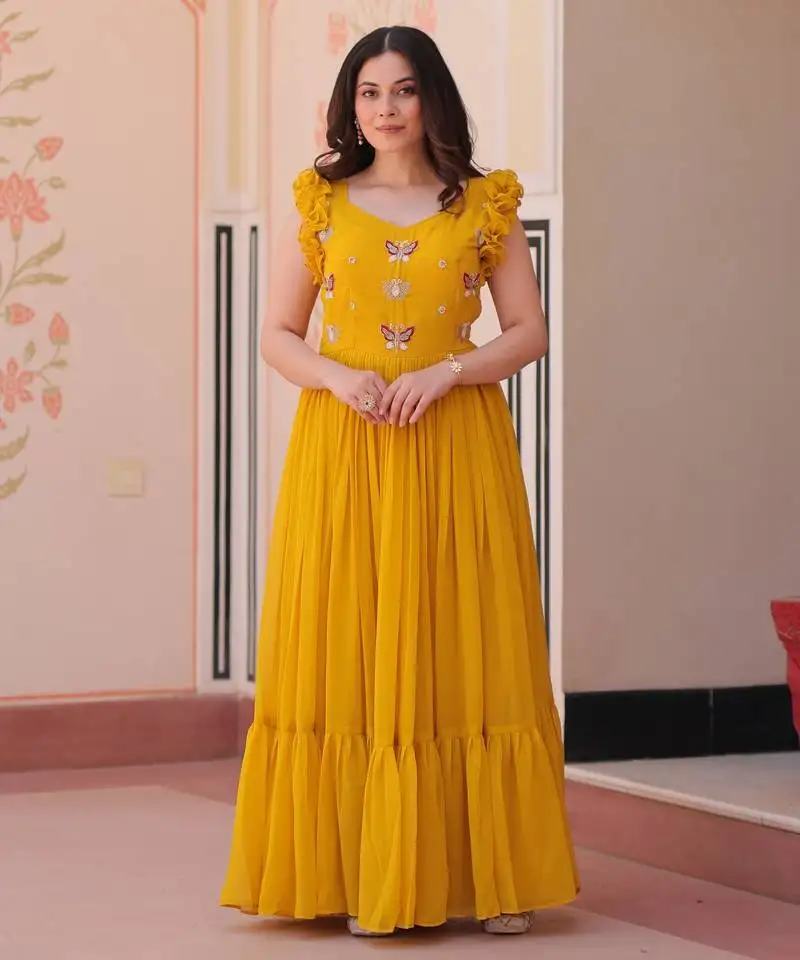 Beautiful and graceful smart partywear goergette yellow color gown for girlie looks