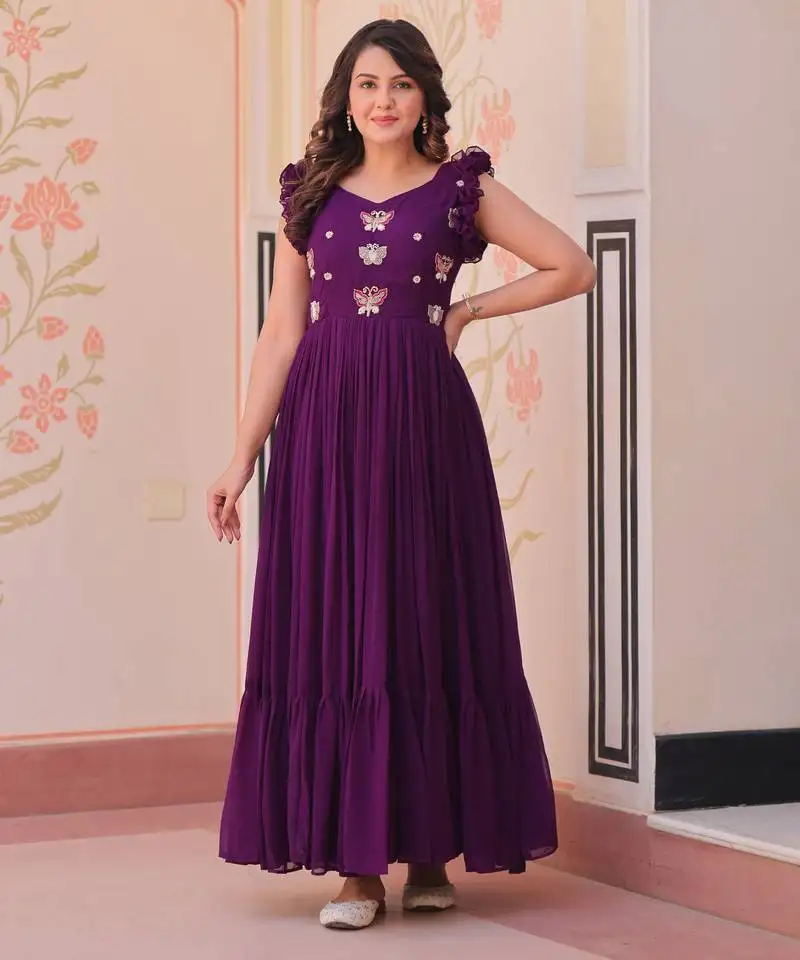 Beautiful and graceful smart partywear goergette purple color gown for girlie looks