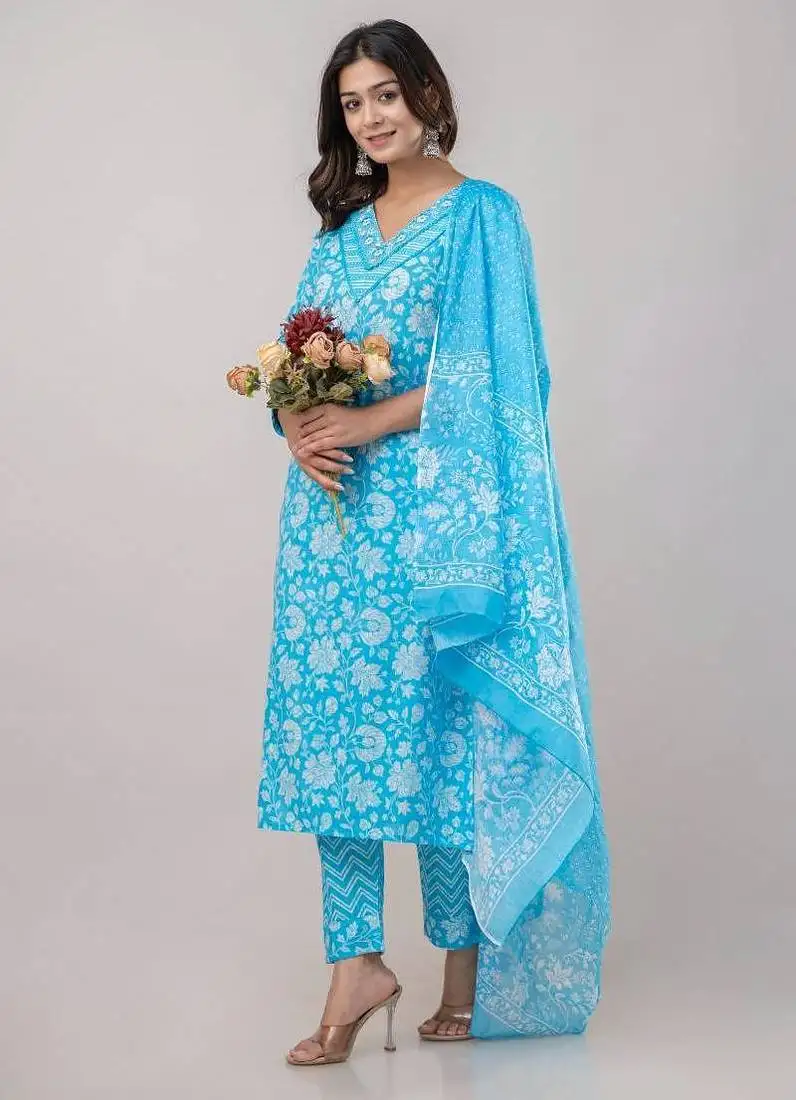 Skyblue women embroidered floral printed aline kurta pant with dupatta set