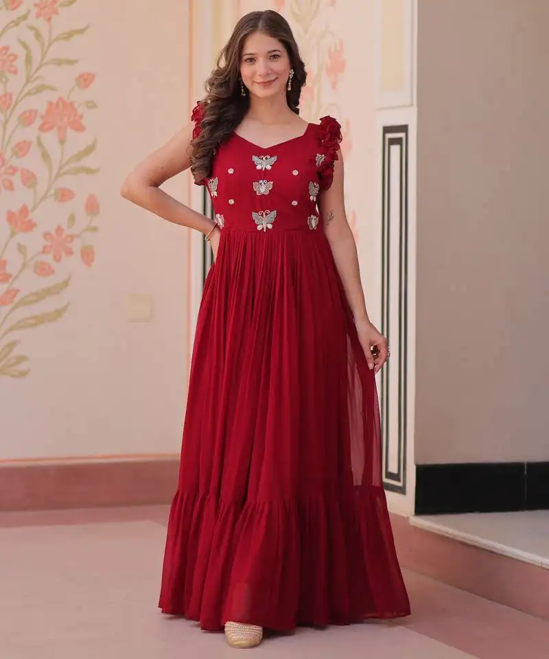 Beautiful and graceful smart partywear goergette maroon color gown for girlie looks