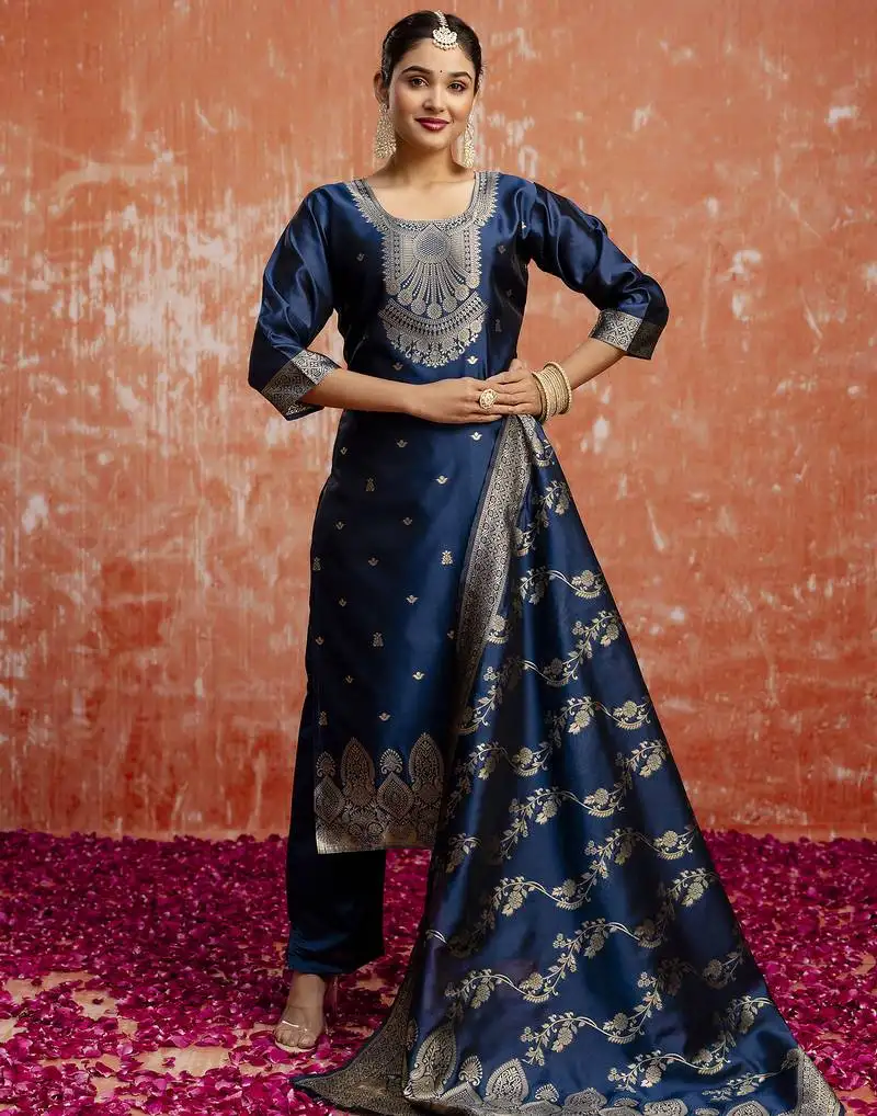 Teal color cotton silk blend wevon jacquard jari designer ethnic partywear suit